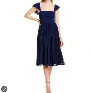 NWOT FAME AND PARTNERS Midi Knee Dress Pleated Chiffon Dark Blue Navy 4 Cocktail